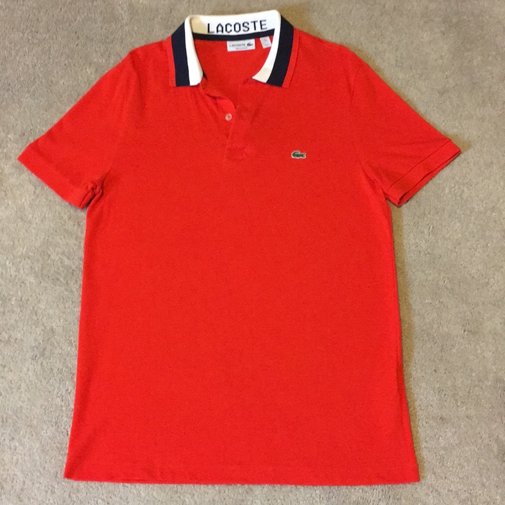 Men Orange White/Blue striped collar Lacoste Polo